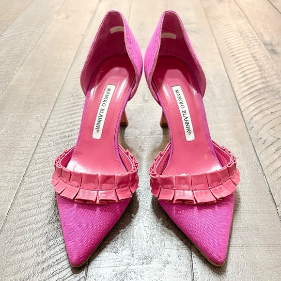 Manolo Blahnik Shoes - Pre-loved! MANOLO BLAHNIK Floral Print Ruffle Embellishment D'Orsay Pumps!